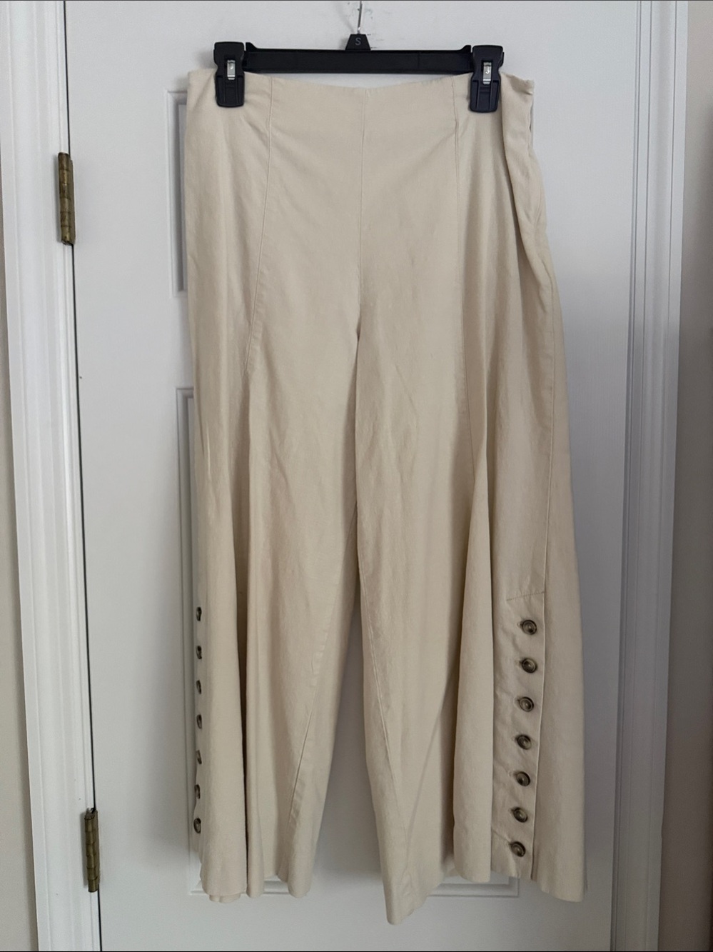 Anthropologie Cream Wide-Leg Button-Trim Pants